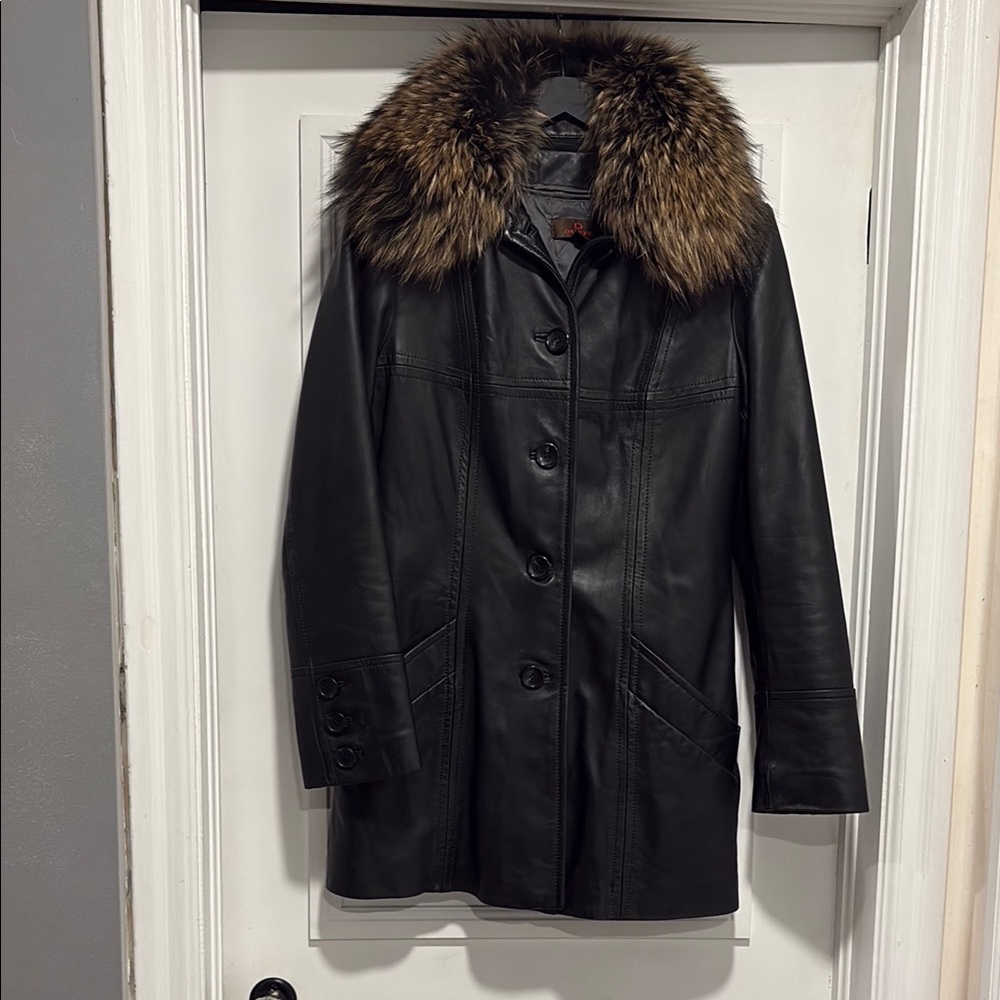 Danier Black Leather Coat with Fur Collar
